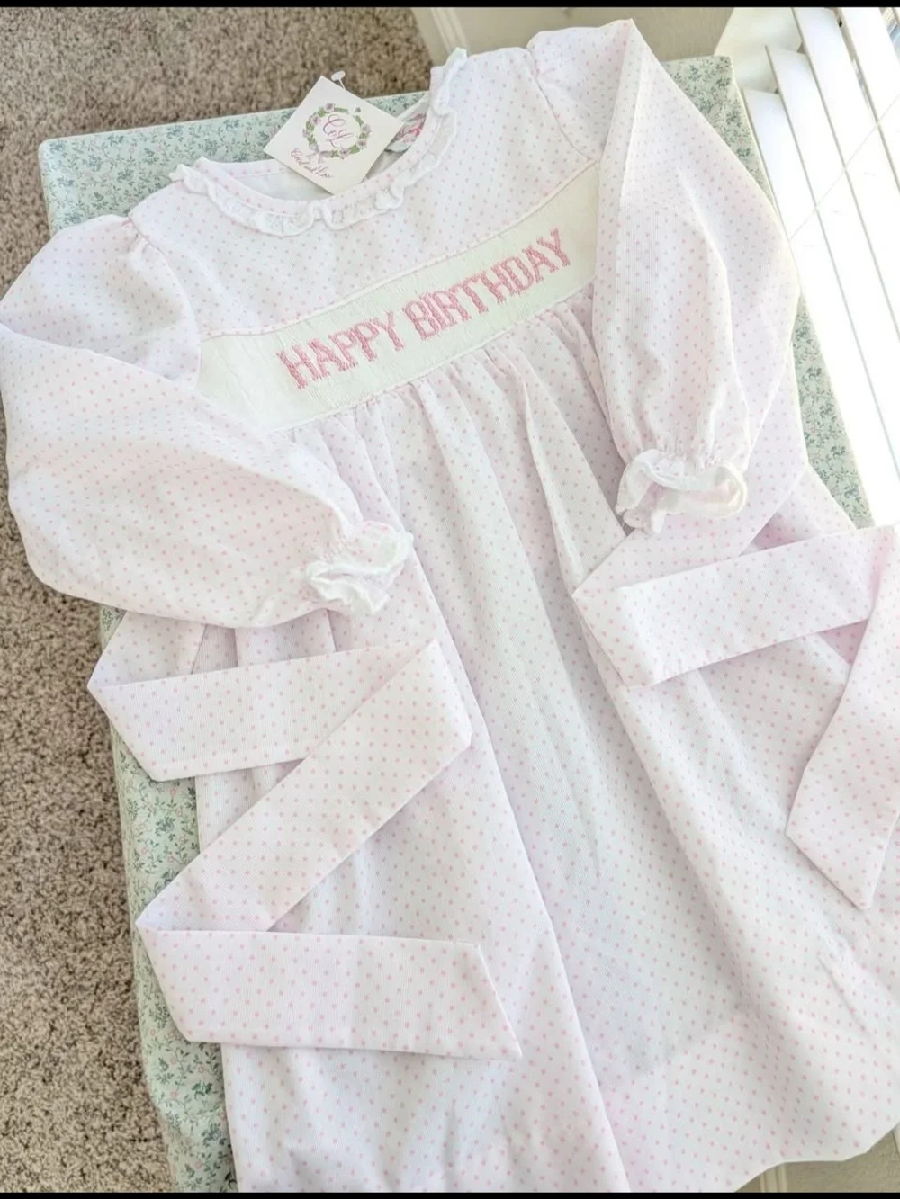 NWT 6T Smocked Pin Dot Happy Birthday Smocked Long Sleeve Dress